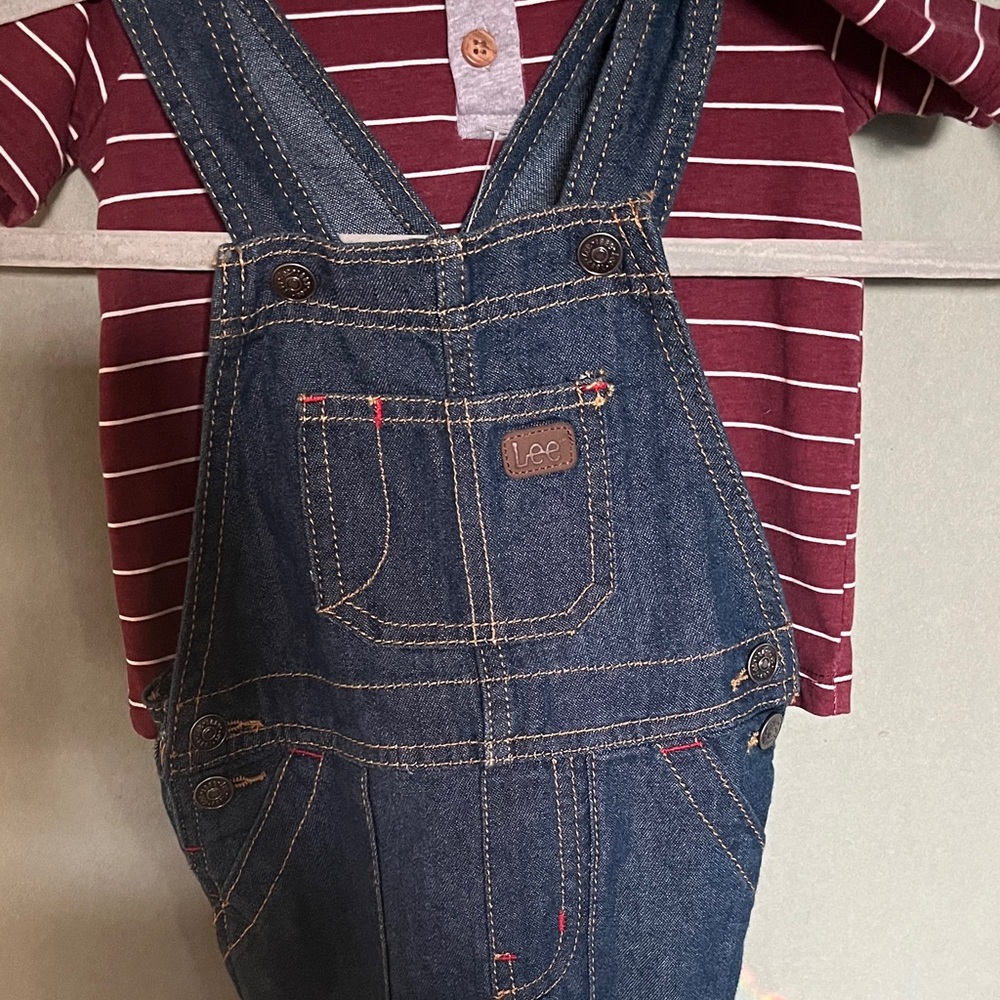 Lee Blue Denim Overalls with Maroon Striped Shirt